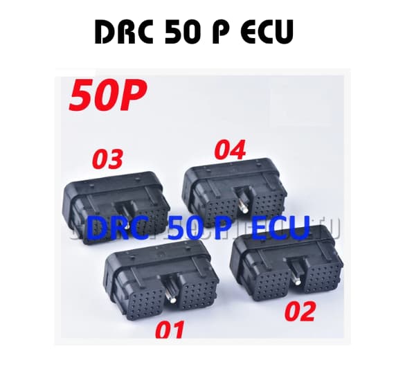 DRC 50 P ECU connectors labeled 01, 02, 03, and 04 with text '50P' and 'DRC 50 P ECU